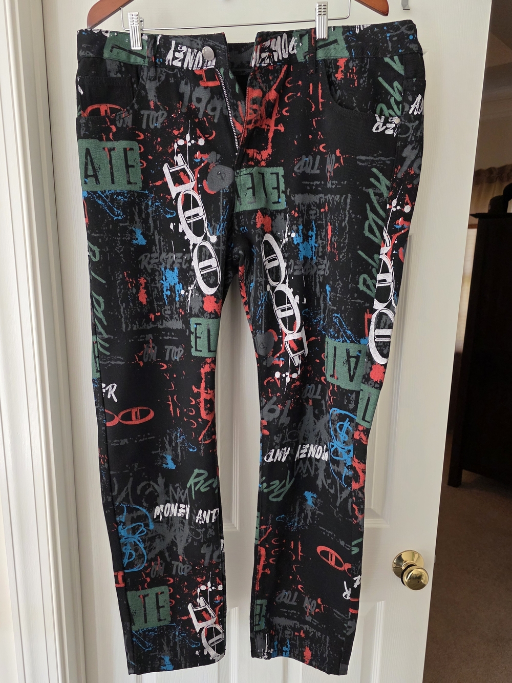 Men's Casual Black Graphic Jeans with Multi-Color Print